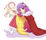  blush calligraphy_brush cape commentary_request floral_print flower hair_flower hair_ornament hieda_no_akyuu holding holding_brush japanese_clothes kimono knees_up leg_hug looking_at_viewer paintbrush pleated_skirt purple_hair shadow short_hair sitting skirt smile solo touhou utakata_(azaka00) white_background white_legwear wide_sleeves 