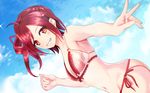  bikini cloud commentary_request day grin highres looking_at_viewer navel red_eyes red_hair saki shishihara_sawaya side-tie_bikini side_ponytail sky smile solo swimsuit zerodo 
