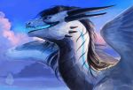  2019 allagar black_hair blue_eyes day detailed_background digital_media_(artwork) dragon feathered_wings feathers hair horn open_mouth outside scales teeth white_scales wings 