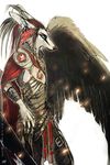  2013 anthro armor black_nose blue_eyes canine clothed clothing feathered_wings feathers male mammal simple_background solo tatchit white_background wings wolf 