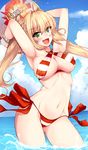  :d ahoge armpits arms_up ass_visible_through_thighs bikini blonde_hair bracelet breasts cleavage contrapposto cowboy_shot criss-cross_halter day fate/grand_order fate_(series) green_eyes hair_intakes halterneck highres jewelry large_breasts long_hair looking_at_viewer navel nero_claudius_(fate)_(all) nero_claudius_(swimsuit_caster)_(fate) nksk ocean open_mouth outdoors side-tie_bikini sky smile solo standing striped striped_bikini swimsuit twintails wading water 