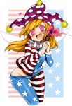  american_flag_dress american_flag_legwear bangs blonde_hair clownpiece commentary_request cropped_legs dress fairy_wings fang fire fur_trim harusame_(unmei_no_ikasumi) hat head_tilt heart holding jester_cap leaning_forward long_hair long_sleeves looking_at_viewer microdress neck_ruff no_panties pantyhose pantyhose_pull pink_hair polka_dot ringed_eyes smile solo star star_print striped striped_dress thigh_gap torch touhou wings 