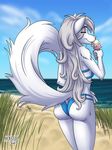  anthro beach bikini breasts butt canine clothing dessert eyes_closed female fluffy fluffy_tail food fur grass hair heresy_(artist) ice_cream licking mammal outside raine_(twokinds) sea seaside solo swimsuit tongue tongue_out twokinds water white_fur white_hair wolf 