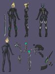  arm_at_side armor ass black_bodysuit blindfold blonde_hair bodysuit breasts covered_eyes faceless facing_viewer from_behind full_body hand_on_hip highres hikichi_sakuya medium_breasts multiple_views original power_suit profile purple_background science_fiction short_hair simple_background standing sword unsheathed weapon 