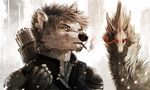  5_fingers armor black_nose brown_eyes canine clothed clothing duo fur grey_fur mammal red_eyes tatchit white_fur 