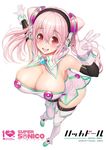  blush breasts cleavage cosplay gloves hacka_doll hacka_doll_1 hacka_doll_1_(cosplay) headphones large_breasts long_hair looking_at_viewer nitroplus open_mouth pink_eyes pink_hair simple_background smile solo super_sonico thighhighs tsuji_santa white_gloves 