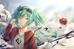  apple blue_eyes blue_hair blush closed_mouth collarbone earrings eyebrows_visible_through_hair eyewear_on_head food fruit hatsune_miku jewelry long_hair looking_at_viewer nagare_yoshimi solo suna_no_wakusei_(vocaloid) sunglasses twintails upper_body vocaloid 