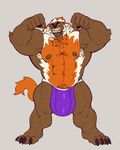  anthro armpit_hair big_bulge boosterpang canine cigar clothing flexing looking_at_viewer male mammal muscular nipples pubes smile solo standing underwear 