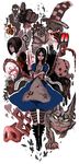  alice:_madness_returns alice_(wonderland) alice_in_wonderland american_mcgee's_alice apron black_hair boots closed_mouth crossed_arms dress green_eyes hat highres long_hair looking_at_viewer multiple_boys projected_inset standing striped striped_legwear thighhighs yuriyuri_(ccc) 