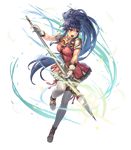 armor bangs blue_eyes blue_hair boots braid breasts collar collarbone cuboon dress eyebrows_visible_through_hair fire_emblem fire_emblem:_seima_no_kouseki fire_emblem_heroes full_body gloves highres holding holding_weapon large_breasts leg_up lips long_hair official_art open_mouth pauldrons pink_dress polearm ponytail short_dress solo tana thighhighs transparent_background weapon white_footwear zettai_ryouiki 