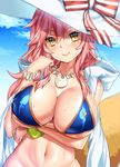  bikini blue_bikini blush bracelet breast_hold breasts cleavage closed_mouth cloud day fate/grand_order fate_(series) fox_tail hat highres jacket jewelry keita_(tundereyuina) large_breasts long_hair looking_at_viewer navel necklace open_clothes open_jacket pink_hair sky smile solo sparkle sun_hat swimsuit tail tamamo_(fate)_(all) tamamo_no_mae_(fate) tamamo_no_mae_(swimsuit_lancer)_(fate) white_hat yellow_eyes 