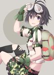  adjusting_eyewear antenna_hair backpack bag belt black_hair blush camouflage camouflage_shirt camouflage_skirt commentary_request fingerless_gloves frilled_skirt frills from_side glasses gloves goggles goggles_on_head green_gloves hair_between_eyes highres idolmaster idolmaster_(classic) kikuchi_makoto looking_at_viewer looking_to_the_side pantyhose parted_lips purple_eyes sasa_onigiri short_hair short_sleeves skirt smile solo torn_clothes torn_legwear 