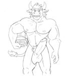  anthro armor balls big_penis bovine cattle erection fluffysnowmeow greyscale helmet horn humanoid_penis looking_at_viewer male mammal monochrome muscular nipples penis pubes solo standing 