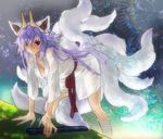 &gt;:( all_fours animal_ears bathrobe blue_eyes breasts cleavage closed_mouth commentary_request fox_ears fox_tail frown hair_over_one_eye heterochromia horns jikka_(cloud910) kuon_(shinrabanshou) kyuubi large_breasts long_hair looking_at_viewer multiple_tails red_eyes sash shinrabanshou solo tail v-shaped_eyebrows wading yellow_eyes 