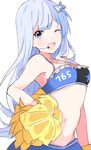  ;d arched_back blue_eyes blue_hair bow bustier cheerleader clothes_writing enelis hair_bow hand_on_hip headset idolmaster idolmaster_million_live! idolmaster_million_live!_theater_days long_hair looking_at_viewer midriff one_eye_closed open_mouth pom_poms shiraishi_tsumugi smile solo spaghetti_strap very_long_hair 