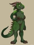 anthro breasts chibi dbd dinosaur female looking_at_viewer nipples nude pussy smile solo standing thick_thighs 