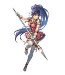  armor bangs blue_eyes blue_hair boots braid breasts collar collarbone cuboon dress eyebrows_visible_through_hair fire_emblem fire_emblem:_seima_no_kouseki fire_emblem_heroes full_body gloves highres holding holding_weapon large_breasts leg_up lips long_hair looking_away official_art pauldrons pink_dress polearm ponytail serious short_dress solo tana thighhighs transparent_background very_long_hair weapon white_footwear zettai_ryouiki 