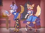  4_breasts alice_margatroid animal_humanoid blonde_hair blue_eyes breast_expansion breasts brown_eyes butt canine cleaning clothing dog dress duo feline female furdynamo german_shepherd hair humanoid mammal manor multi_breast open_mouth pink_hair raised_tail sakuya_izayoi standing surprise tail_growth torn_clothing touhou transformation 