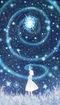  arm_up bare_arms bare_shoulders blue blue_sky commentary_request dress fantasy grass highres looking_up magic original outstretched_arm sakimori_(hououbds) short_hair sky solo standing star star_(sky) starry_sky white_dress 