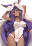 animal_ears arms_up artist_name ass_visible_through_thighs bangs blunt_bangs breasts cameltoe closed_mouth covered_navel covered_nipples cowboy_shot dark_skin eyebrows_visible_through_hair eyeliner facial_mark fate/grand_order fate_(series) hairband head_tilt highres inverted_nipples jackal_ears kanachirou large_breasts long_hair looking_at_viewer makeup medjed nitocris_(fate/grand_order) nitocris_(swimsuit_assassin)_(fate) one-piece_swimsuit purple_eyes purple_hair sidelocks simple_background smile solo swimsuit taut_clothes taut_swimsuit thighs twitter_username very_long_hair white_background white_swimsuit 