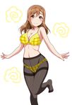  bangs black_legwear blush bra breasts brown_eyes brown_hair cleavage commentary_request crotch_seam highres kunikida_hanamaru large_breasts long_hair looking_at_viewer love_live! love_live!_sunshine!! navel outstretched_arms panties panties_under_pantyhose pantyhose plaid plaid_bra plaid_panties smile solo spread_arms standing standing_on_one_leg thighband_pantyhose underwear underwear_only white_background yellow_bra yellow_panties yopparai_oni 