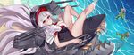  aircraft airplane azur_lane beach bra breasts day fur_trim graf_zeppelin_(azur_lane) hat highres jiuling lace lace-trimmed_bra large_breasts long_hair looking_at_viewer no_legwear open_mouth outdoors peaked_cap red_eyes rigging silver_hair solo underwear v water waves white_bra 