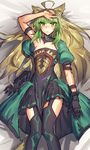  ahoge atalanta_(fate) blush breasts closed_mouth commentary fate/apocrypha fate_(series) gloves gloves_removed green_eyes green_hair hand_on_own_forehead highres long_hair lying medium_breasts melon22 on_back partially_undressed single_glove solo thighhighs thighs waist_cape 