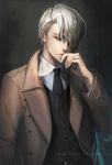  blue_eyes coat formal grey_hair hair_over_one_eye hand_to_own_mouth jewelry male_focus necktie phong_anh ring signature solo suit viktor_nikiforov watermark web_address yuri!!!_on_ice 