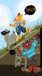  angus_(nitw) anthro bear blender_(disambiguation) canine caprine child clothed clothing cub dialogue fox grass gregg_(nitw) mammal night_in_the_woods overalls pantry sheep shirt shorts t-shirt text whitewinery_(artist) young 