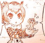  commentary_request eurasian_eagle_owl_(kemono_friends) eyebrows_visible_through_hair fur_collar head_wings holding kemono_friends long_sleeves lowres minigirl monochrome multicolored_hair northern_white-faced_owl_(kemono_friends) open_mouth red sakino_shingetsu short_hair sketch 