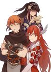  2girls arm_blade arm_guards armor black_hair blue_eyes breasts candy cloak crossed_arms fingerless_gloves fire_emblem fire_emblem:_kakusei fire_emblem_if food gloves green_eyes gurei_(fire_emblem_if) hair_between_eyes hairband headband kmkr lollipop long_hair looking_at_viewer matoi_(fire_emblem_if) multiple_girls orange_hair pouch red_eyes red_hair robe sleeveless small_breasts smile syalla_(fire_emblem_if) upper_body weapon white_background wing_hair_ornament 