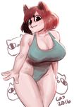  anthro big_breasts breasts cat cleavage clothed clothing colo colodraws feline female fur hair looking_at_viewer mammal pink_fur red_hair simple_background smile sugar_(gats) text white_background 