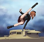  a1 absurdres beret brown_hair full_body girls_und_panzer ground_vehicle gymnastics hat highres kuromorimine_military_uniform military military_uniform military_vehicle miniskirt motor_vehicle nishizumi_miho panties pantyshot short_hair skirt solo tank_turret underwear uniform upskirt 