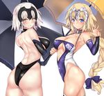  arched_back argyle_cutout ass bangs bare_shoulders blonde_hair blue_bow blue_eyes blue_leotard blush bow braid breasts chain character_name cleavage cleavage_cutout closed_mouth collar commentary_request detached_sleeves fate/apocrypha fate/grand_order fate_(series) hair_bow hand_up headpiece hips jeanne_d'arc_(alter)_(fate) jeanne_d'arc_(fate) jeanne_d'arc_(fate)_(all) large_breasts leotard long_braid long_hair looking_at_viewer looking_to_the_side metal_collar multiple_girls parasol race_queen short_hair silver_hair simple_background single_braid smile thighs umbrella untsue very_long_hair waving white_background yellow_eyes 