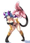  1girl animal_ears black_panties blue_eyes breasts cat_lingerie cleavage demon_wings extra_mouth female horns meme_attire monster_girl open_mouth original panties purple_eyes side-tie_panties simple_background solo tail tongue underwear white_background wings zetsu_(zyej5442) 