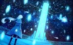  blue blue_dress blue_ribbon boots commentary_request dress fantasy from_behind glowing hair_ribbon long_hair long_sleeves magic night night_sky original pillar railing ribbon sakimori_(hououbds) scenery sky solo star_(sky) starry_sky white_hair 