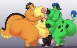 4_breasts anthro big_breasts big_butt bovine breast_squish breasts butt canine deonwolf dragon female group group_sex huge_breasts huge_butt hybrid hyper hyper_butt male male/female mammal morbidly_obese multi_breast nipples obese overweight sex smile standing threesome 