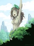  arm_behind_head arm_up armpits artist_name bird breasts brown_hair closed_eyes cloud day forest giantess head_tilt long_hair medium_breasts mikuromono nature no_nipples original outdoors plant sky standing stretch tears tree twitter_username waking_up yawning 