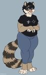  anthro clothed clothing dbd eyewear female fur glasses hair looking_at_viewer mammal raccoon slightly_chubby smile solo standing 