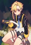  1girl asymmetrical_hair blonde_hair earrings expressionless female gloves jewelry knife necktie original red_eyes reiga_(act000) short_hair short_shorts shorts sitting solo weapon 