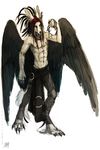  4_toes 5_fingers abs anthro barefoot black_feathers black_nose canine digitigrade feathered_wings feathers hybrid mammal nipples solo tatchit toes wings 