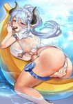  ass banana breasts cleavage_cutout eyebrows_visible_through_hair food fruit granblue_fantasy himuro_(dobu_no_hotori) horns izmir large_breasts long_hair looking_at_viewer pointy_ears ponytail red_eyes see-through silver_hair solo swimsuit thighs underboob 