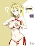  :o ? absurdres ahoge artist_name ass_visible_through_thighs bikini blonde_hair blush breasts breasts_outside cameltoe commentary contrapposto criss-cross_halter dated english eyebrows_visible_through_hair fate/grand_order fate_(series) green_eyes hair_intakes halterneck heart-shaped_boob_challenge highres large_breasts long_hair looking_at_viewer navel nero_claudius_(fate)_(all) nero_claudius_(swimsuit_caster)_(fate) nipples out_of_frame romaji ryle side-tie_bikini solo standing stomach striped striped_bikini swimsuit twintails umu you're_doing_it_wrong 