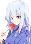  bangs blue_eyes blue_hair candy_apple enelis food idolmaster idolmaster_million_live! idolmaster_million_live!_theater_days japanese_clothes kimono licking long_hair looking_down shiraishi_tsumugi solo upper_body white_background yukata 