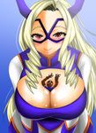  1boy 1girl adahcm blonde_hair blush bodysuit boku_no_hero_academia character_request cleavage cleavage_cutout domino_mask long_hair looking_at_viewer mount_lady red_eyes smile solo_focus 