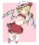  flandre_scarlet hat hat_ribbon heart heart-shaped_boob_challenge heart_hands highres kz_oji looking_at_viewer mob_cap nipples one_eye_closed pink_bikini_top red_ribbon red_skirt ribbon skirt skirt_set smile solo thighhighs touhou vest white_hat white_legwear wings 
