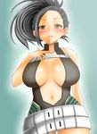  1girl adahcm alternate_costume bare_shoulders black_hair blush boku_no_hero_academia center_opening cleavage gradient_background looking_at_viewer navel parted_lips shiny shiny_skin solo standing teeth yaoyorozu_momo yellow_eyes 