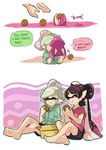  2girls aori_(splatoon) barefoot black_hair black_shorts casual chocolate closed_eyes closed_mouth comic cousins domino_mask earrings eating english food green_jacket grey_hair hand_on_hip holding holding_food hood hoodie hotaru_(splatoon) jacket jersey jewelry long_hair long_sleeves mask mole mole_under_eye multiple_girls paint_splatter pointy_ears red_shirt refrigerator salmon_run shirt short_hair short_sleeves shorts sitting splatoon_(series) splatoon_2 squid standing tentacle_hair wong_ying_chee 