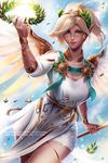  alternate_costume artist_name blonde_hair blue_eyes blue_sky breasts commentary day dress giving glowing glowing_wings head_wreath headwear high_ponytail holding holding_staff large_breasts laurel_crown lens_flare lips looking_at_viewer mechanical_wings mercy_(overwatch) nose olga_solovian outdoors overwatch pelvic_curtain short_sleeves signature sky smile solo spread_wings staff toga upper_body watermark web_address white_dress winged_victory_mercy wings yellow_wings 