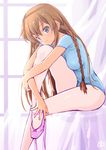  aqua_eyes ballet_slippers blush braid breasts brown_hair commentary_request idolmaster idolmaster_million_live! kousaka_umi leg_hug leotard long_hair looking_at_viewer medium_breasts mercy_rabbit pantyhose smile solo twin_braids white_legwear 